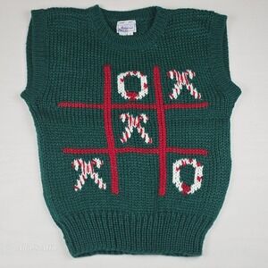 Vintage Christmas Sweater Vest Womens Mens Green Red Ugly Tic Tac Toe Holiday L